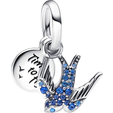 Pandora Krystal - Sølv Charms & Vedhæng Pandora Sparkling Swallow & Quote Double Dangle Charm - Silver/Blue