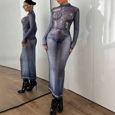Blå - Lange kjoler - Lange ærmer Shein Print Bodycon Maxi Dress