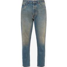 Prada Bukser & Shorts Prada Mens Blue Logo-plaque Cropped Tapered-leg Jeans
