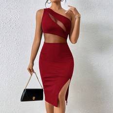 Knælange kjoler - Rød Shein Summer One Shoulder Mesh Insert Split Thigh Bodycon Dress