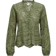 Only Grøn Bluser Only Lalisa Broderie Anglaise Lace Long Sleeve Blouse Shirt in Olive Green Soft Khaki