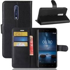 Nokia 8 Skinn fodral med plånbok Svart