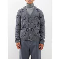 Gucci Trøjer Gucci Distressed Gg Supreme-intarsia Wool-blend Cardigan Mens Grey