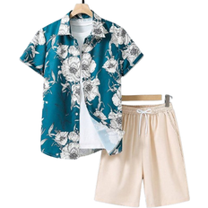 Shein 2pcs/Set Teenage Boys' Floral Print Short Sleeve Shirt And Shorts Summer Vacation Outfit