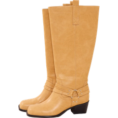 PrettyLittleThing Beige Høje støvler PrettyLittleThing Camel Pu Square Toe Buckle Detail Knee High Boots - Butterscotch