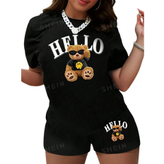 Shein Slayr Cartoon Bear & Letter Printed Casual T-Shirt And Shorts Set