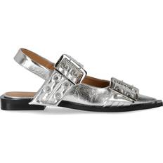 5 - Dame - Imiteret læder Lave sko Ganni Metallic Feminine Buckle Ballerinas Shoes in Silver Responsible Women's