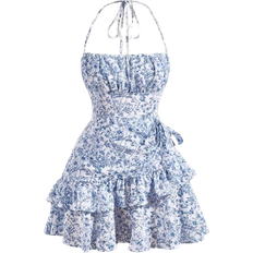 24 - Elastan/Lycra/Spandex Kjoler Shein Mod Floral Print Ruffle Trim Tie Backless Ruched Bust Layered Halter Summer Short Dress