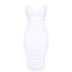 PrettyLittleThing Crinkle Texture Ruched Cowl Neck Midi Dress - White