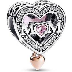 Pandora Two-Tone Openwork Mom & Heart Charm - Silver/Rose Gold/Pink/Transparent
