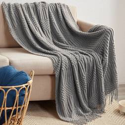 Shein 1pc Plain Tassel Decor Blanket, Simple Knitted Fabric Warm Blanket For Bedroom Tæppe Grå