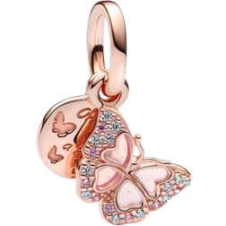 Pandora Butterfly & Quote Double Dangle Charm - Rose Gold/Pink/Transparent