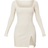 PrettyLittleThing Ribbed Split Hem Square Neck Long Sleeve Bodycon Dress - Cream